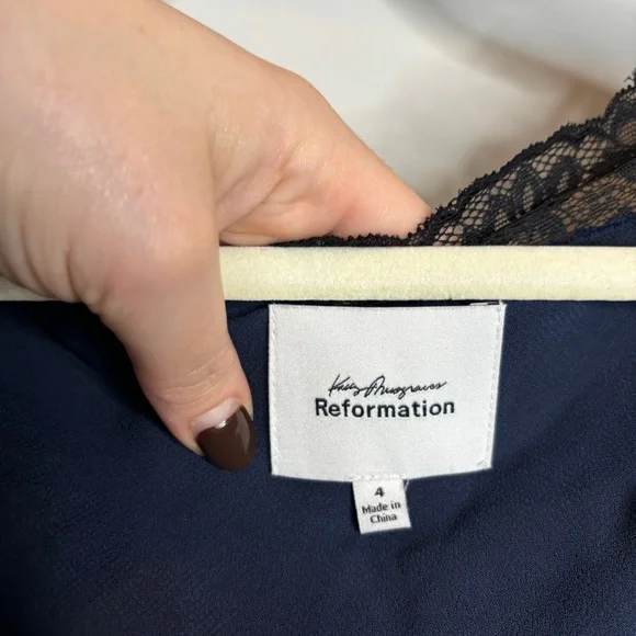 Reformation Stella Silk Dress with Lace Detail - Navy - Size 4 - Picture 4 of 9